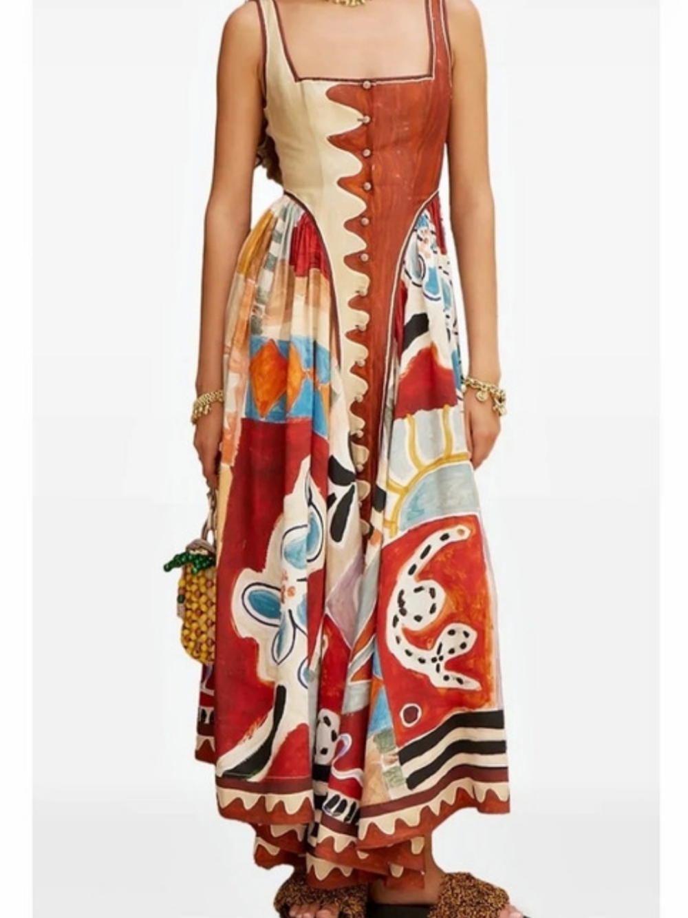 Alemais Michelle Square Neck Structured Midi Dress Orange & Multicolor
